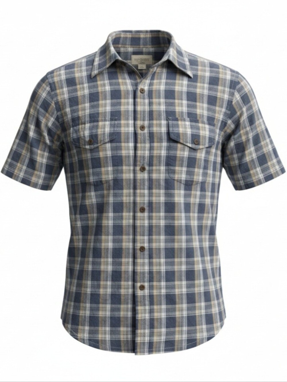 Men's Short-Sleeve Blue Plaid Button-Up Shirt